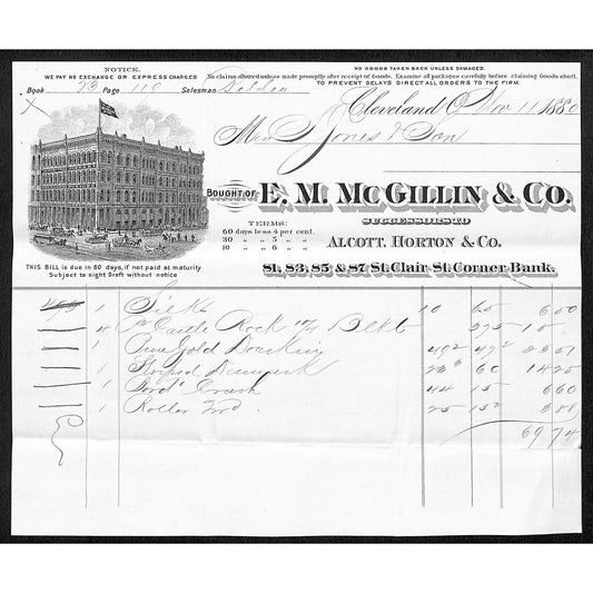 E.M. Mc Gillin & Co. Dry Goods Cleveland 1880 Billhead Scarce Vignette