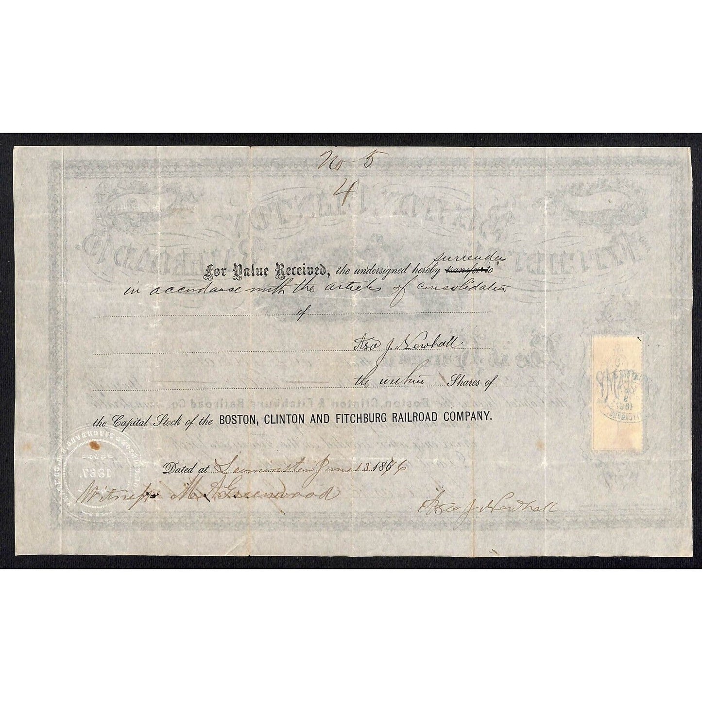 Boston, Clinton, Fitchburg and New Bedford RR 1867 Stock Certificate #5