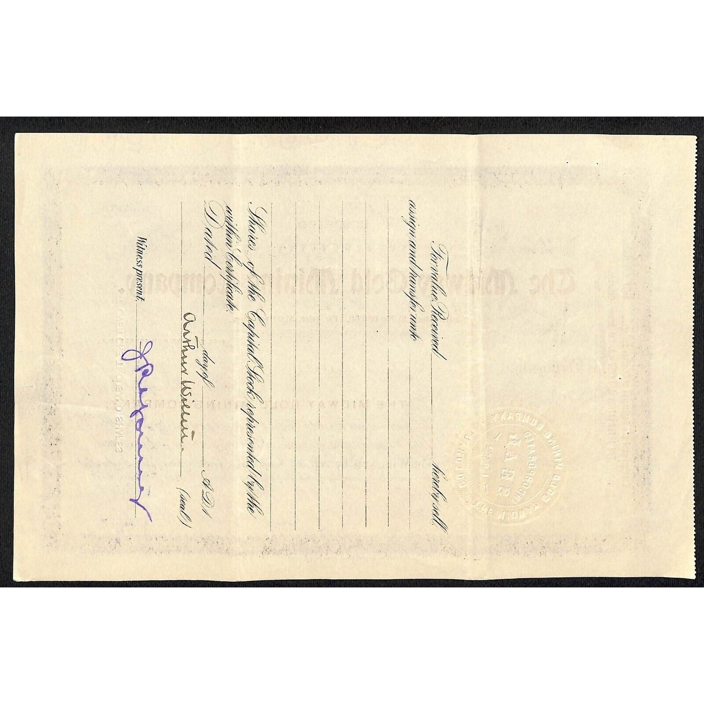 Midway Gold Mining Co. 1905 Stock Certificate w/ Warren Woods Sig. #2363