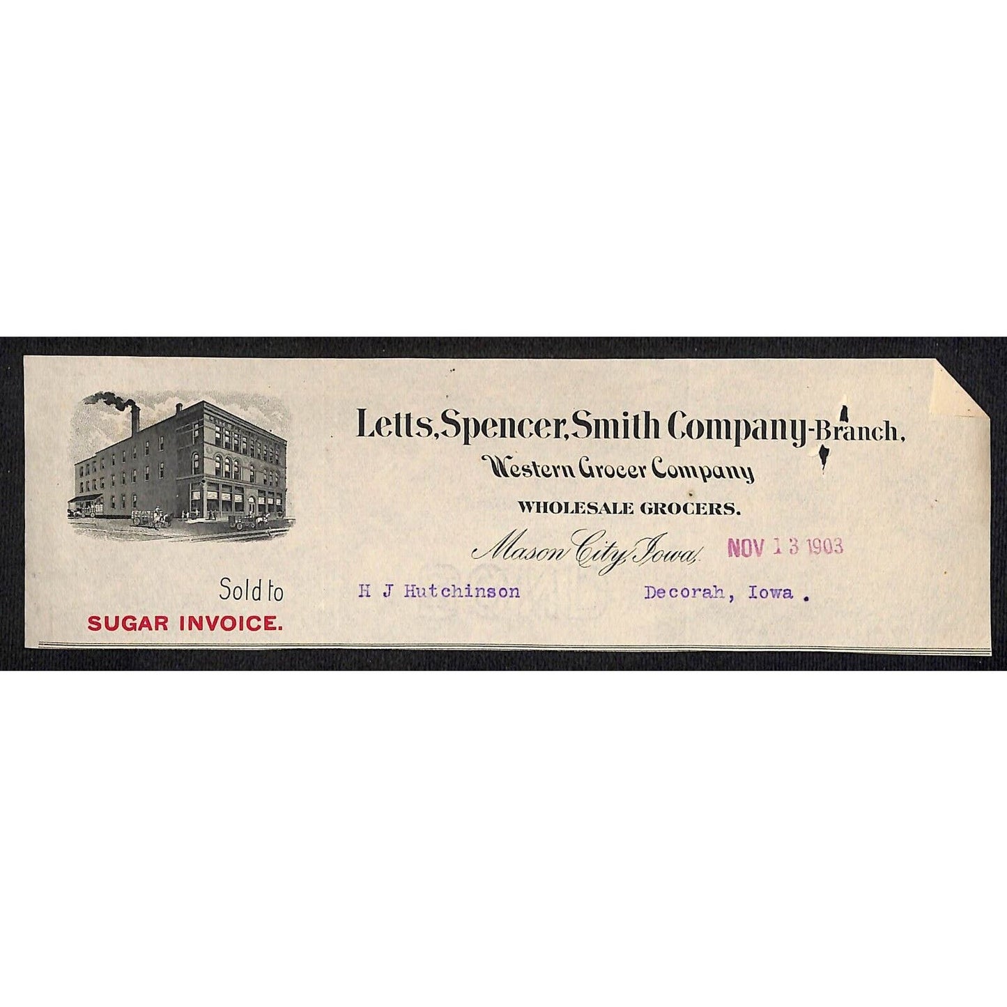 Letts, Spencer, Smith Co. Grocer Mason City IA / Hutchinson* 1903 Cut Billhead