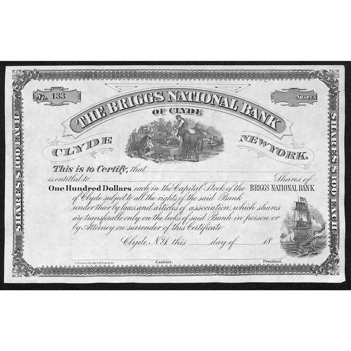 The Briggs National Bank of Clyde NY c1880* Stock Certificate Unissued #133