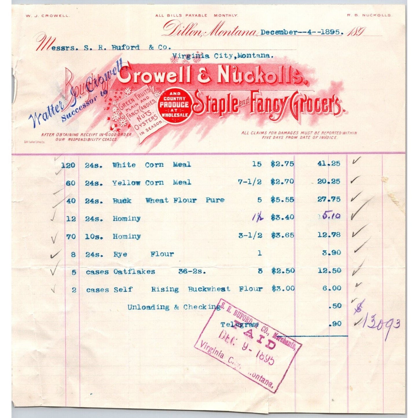 Dillon, MT Crowell & Nuckolls Grocer 1895 Billhead S.R. Buford* Virginia City
