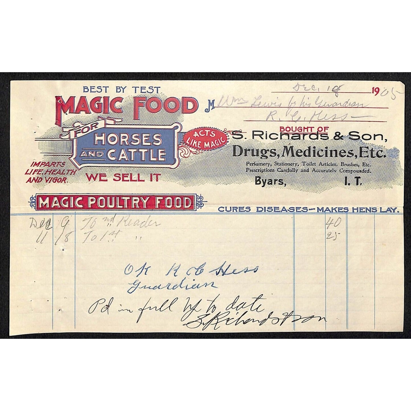 1905 S. Richards & Son Magic Food Horses Byars, OK Indian Territory Billhead