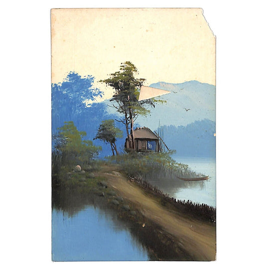 Japanese Postcard Home Water's Edge w/ Boat Raised Oil Paint* c1910-20 Damage