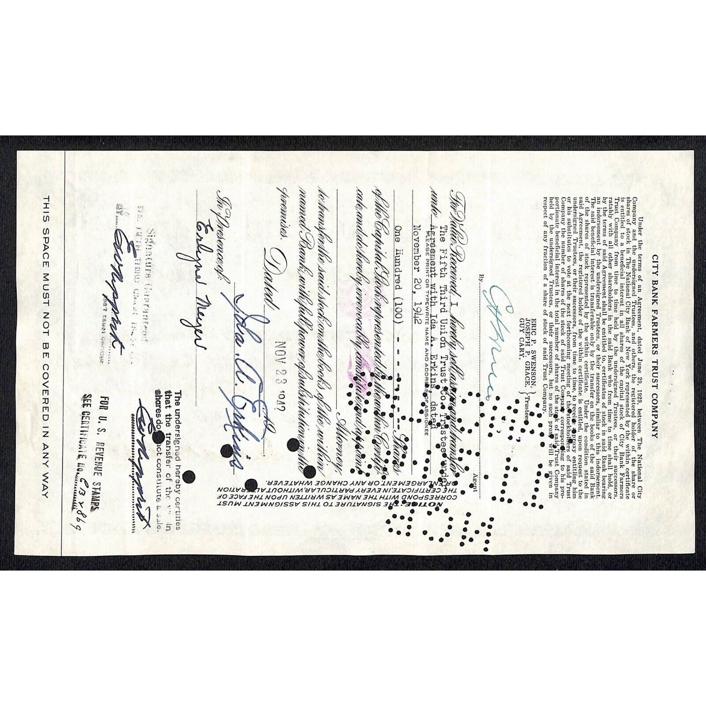 National City Bank of New York 1939 Stock Certificate Ida A. Erkins