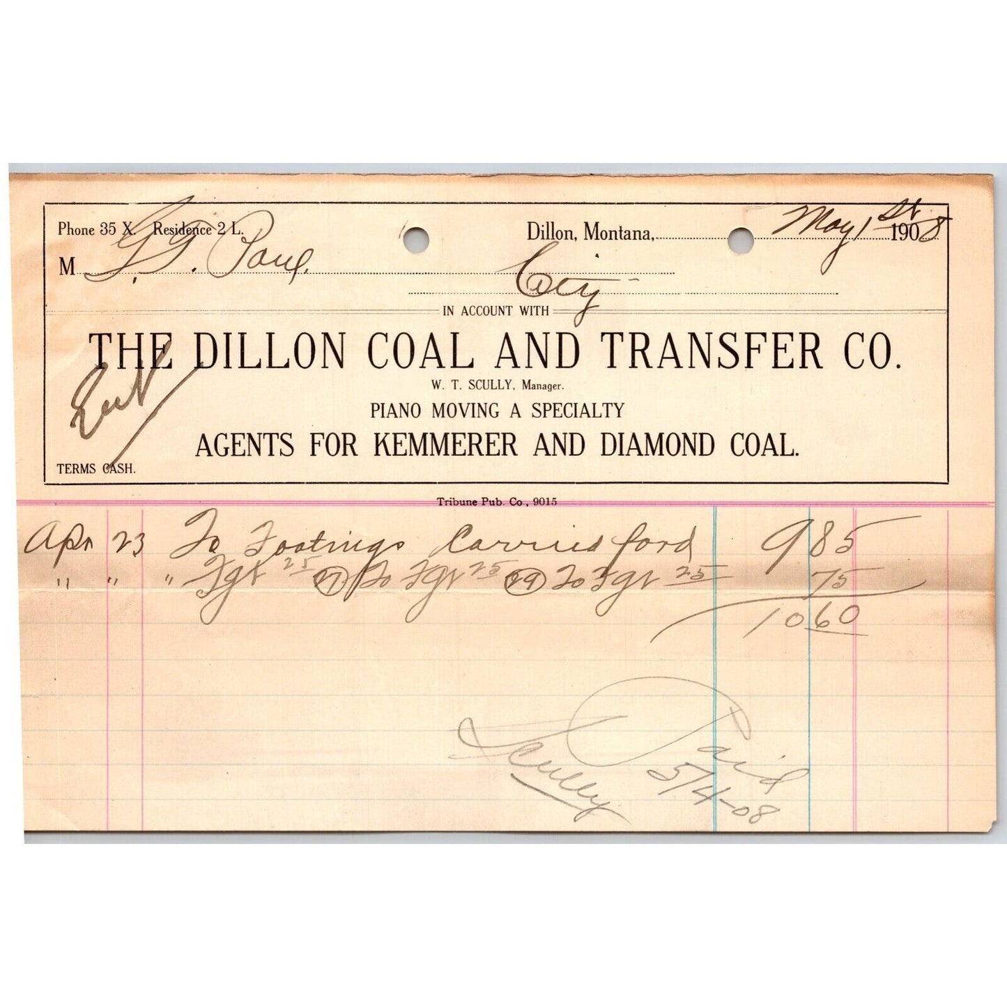 Dillon, MT Dillon Coal & Transfer Co. "Piano Moving" May1908 Billhead G.T. Paul*