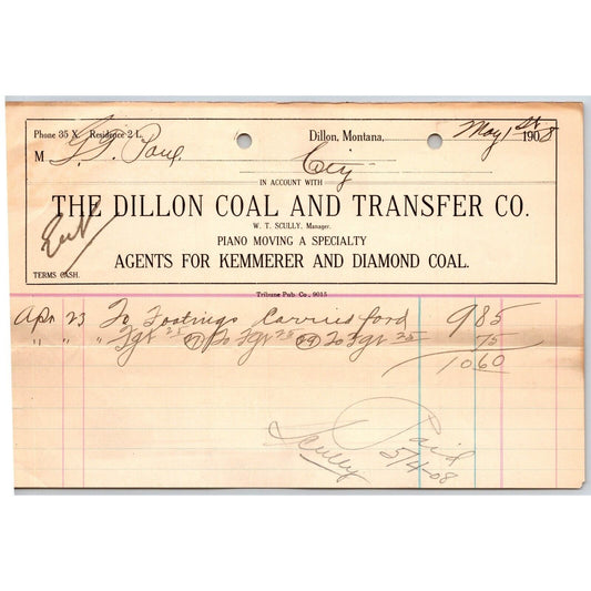 Dillon, MT Dillon Coal & Transfer Co. "Piano Moving" May1908 Billhead G.T. Paul*