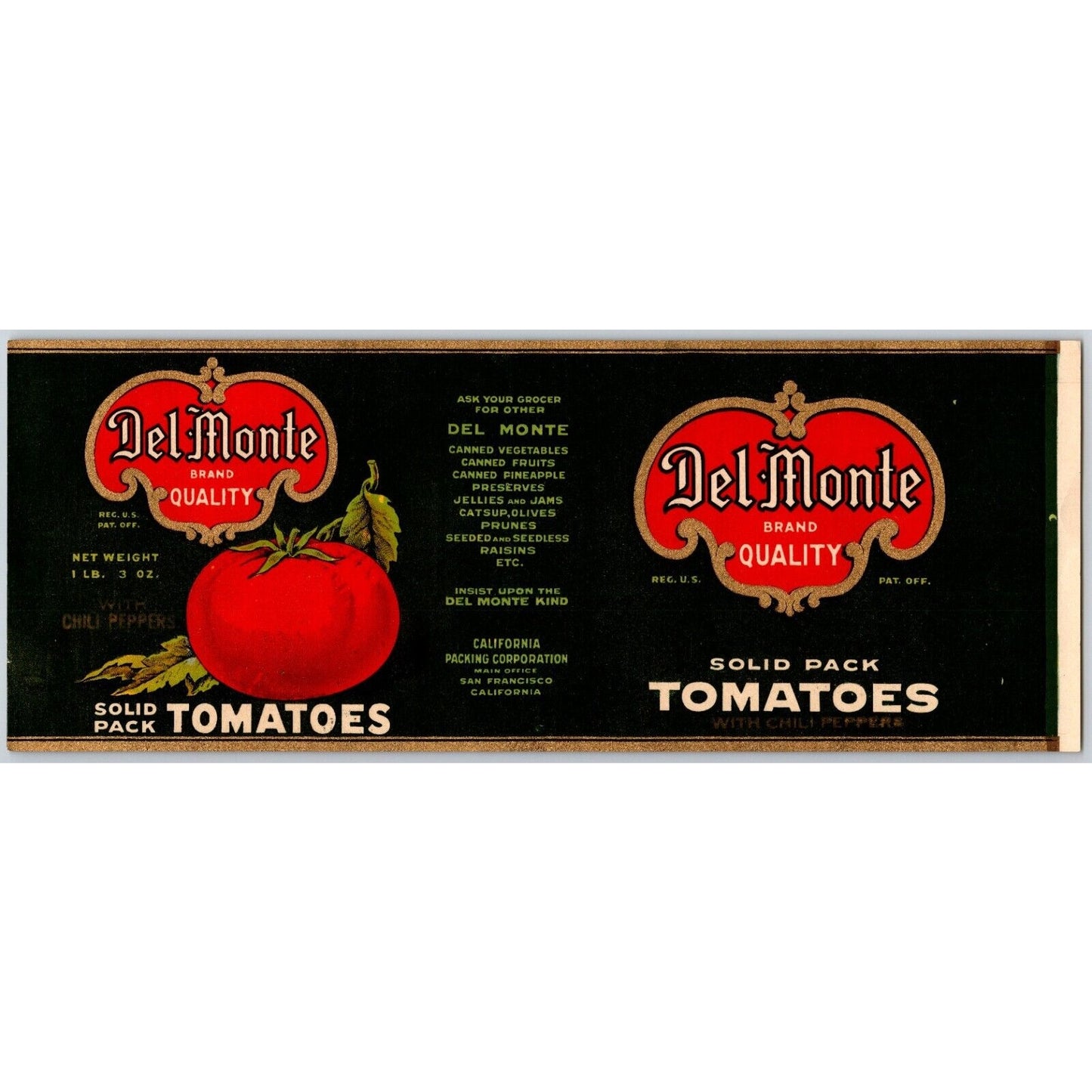 Del Monte Solid Pack Tomatoes w/ Chili Peppers Paper Can Label c1930's-40's