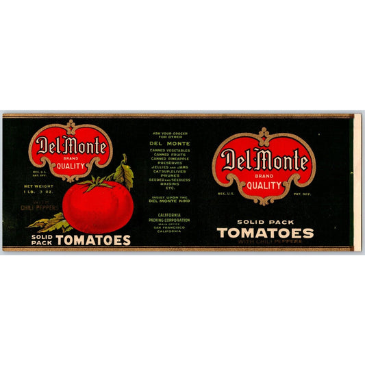 Del Monte Solid Pack Tomatoes w/ Chili Peppers Paper Can Label c1930's-40's