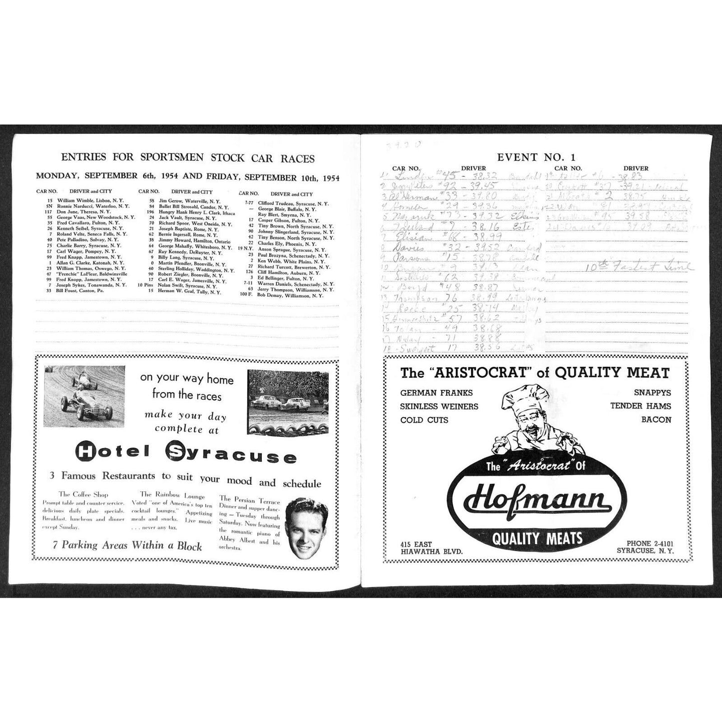 New York State Fair Auto Racing Program Stock Car 9/6 & 9/10 1954 24pp Scarce