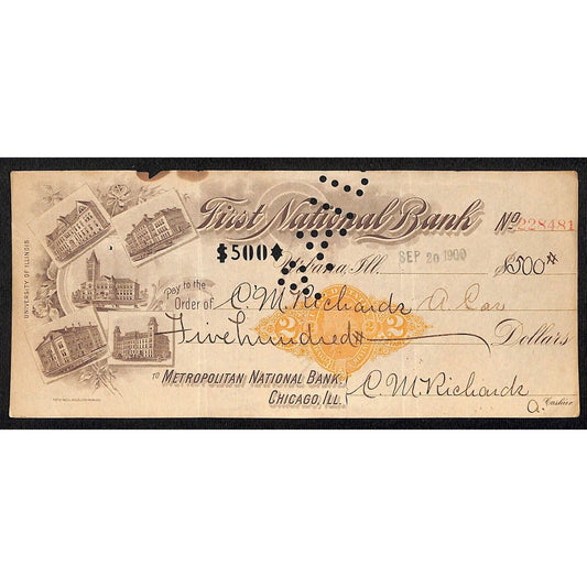 FNB Urbana, IL $500 1900 Bank Check Revenue Stamp w/ University Bldg. Vignettes