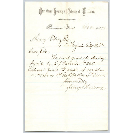 Banking House of Story & Nelson Bozeman, MT 6/22 1880 Letterhead Henry Elling*