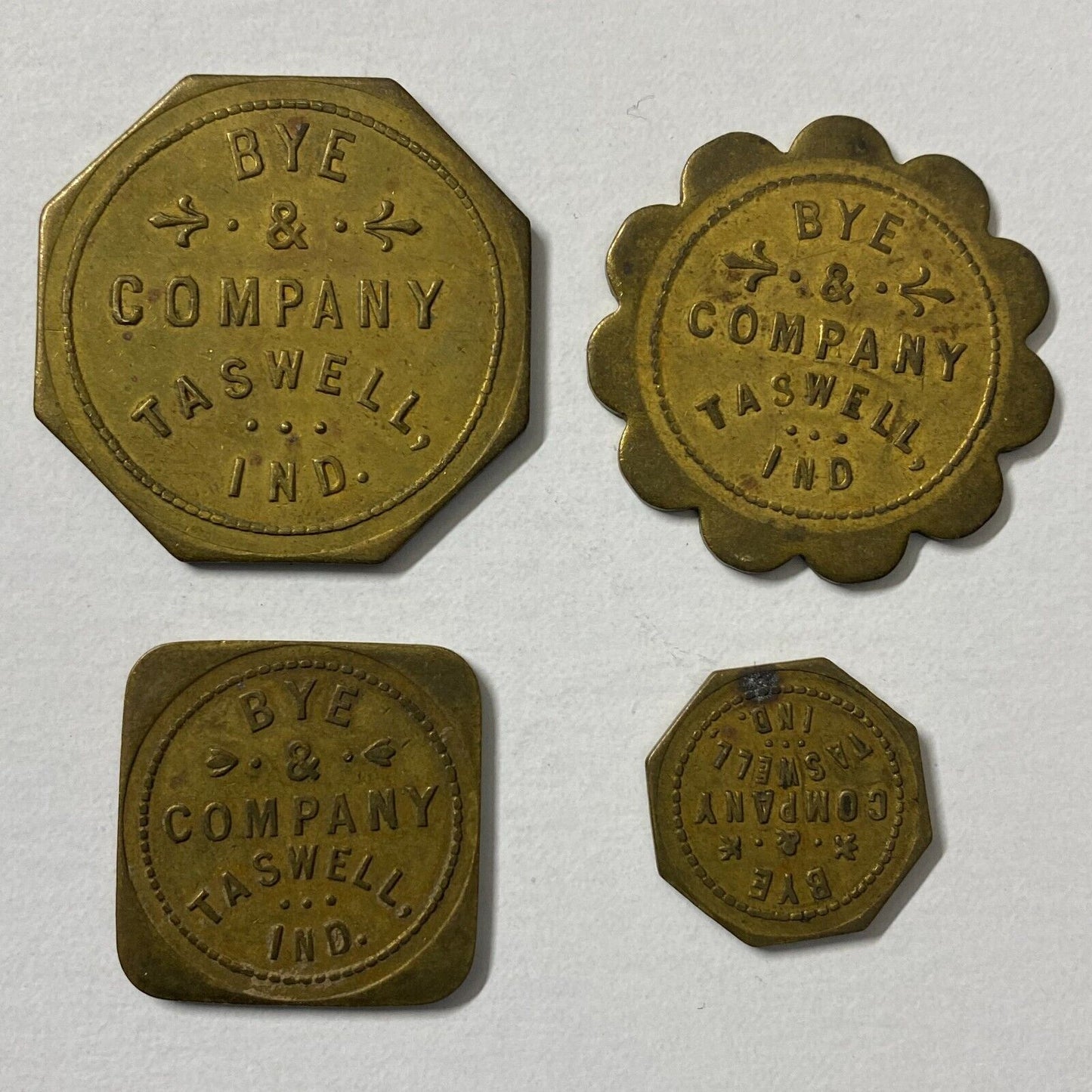 Bye & Company Taswell, IN Group of 4 Brass G/F Trade Tokens Scarce