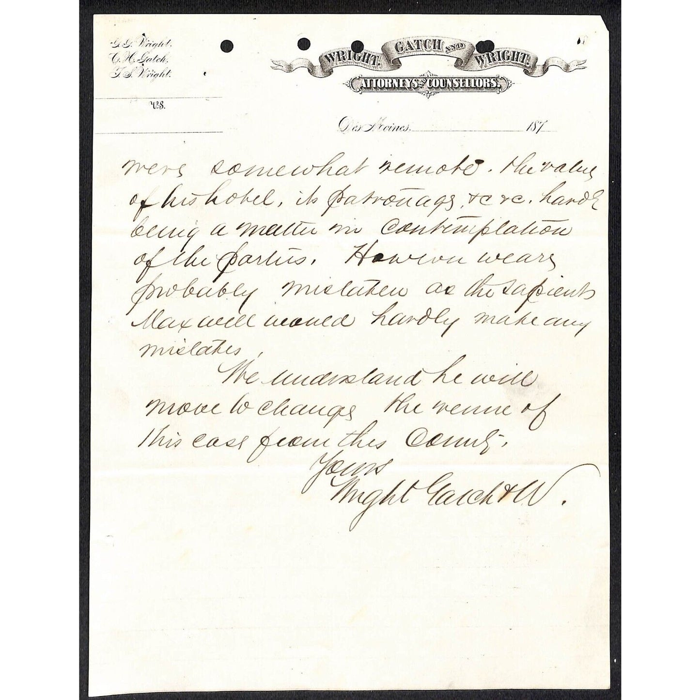 Wright, Gatch and Wright Des Moines Attorneys c1877 Partial Letter / Letterhead