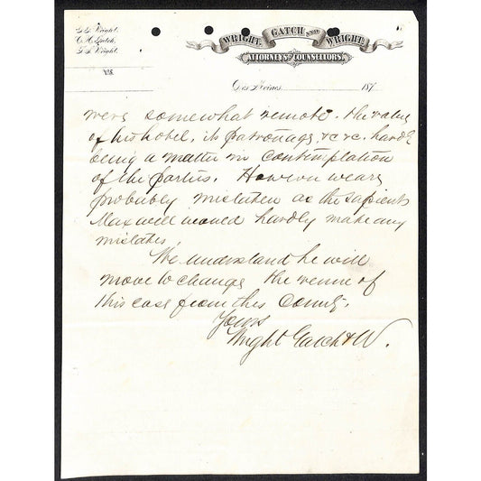 Wright, Gatch and Wright Des Moines Attorneys c1877 Partial Letter / Letterhead