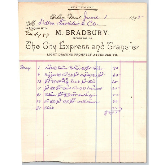 Dillon, MT M. Bradbury The City Express and Transfer Draying 1895 Statement