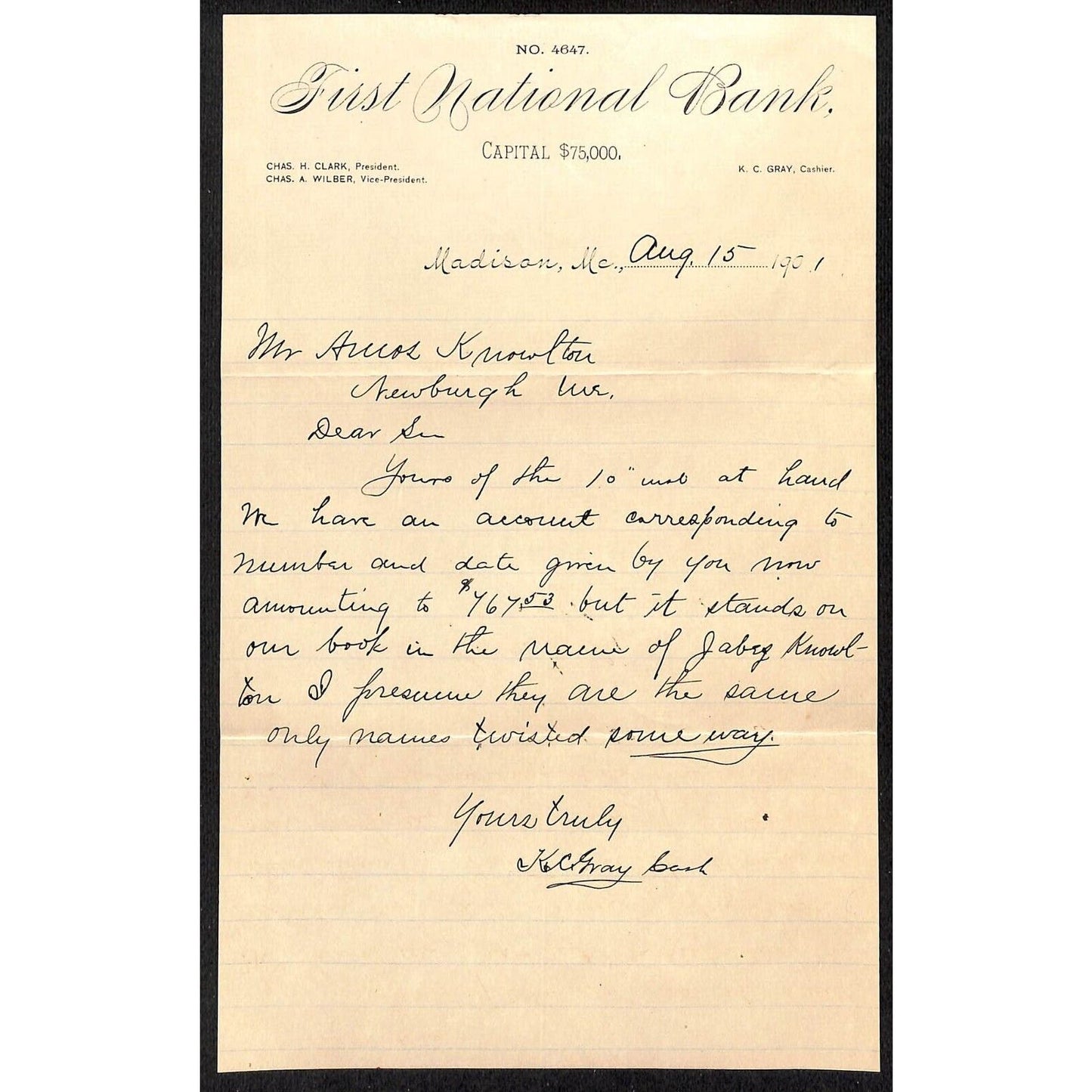 Madison, ME First National Bank 1901 ALS Letterhead & Cover Knowlton*