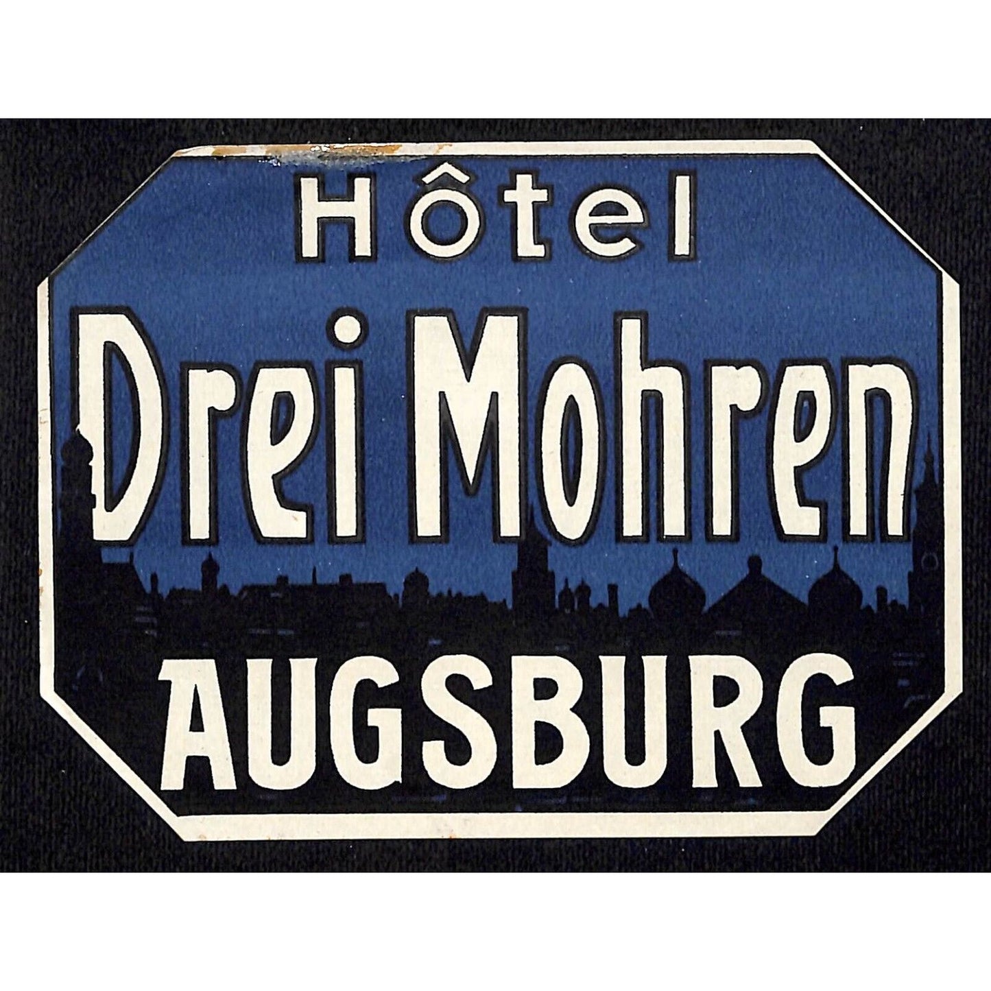 Hotel Drei Mohren Augsburg Night Skyline Original Luggage Label c1930's - Scarce