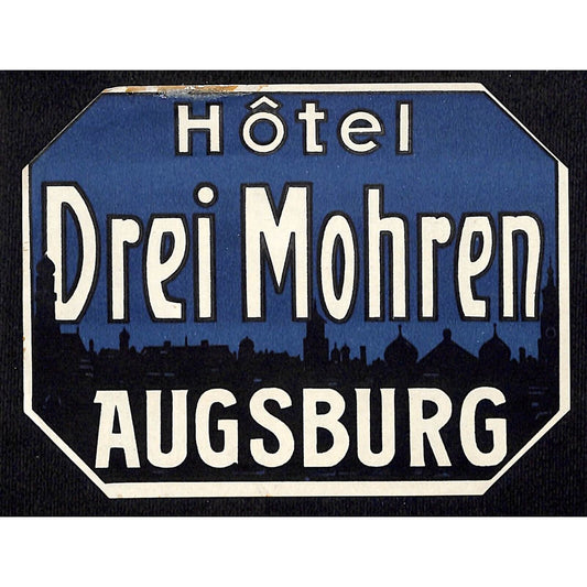 Hotel Drei Mohren Augsburg Night Skyline Original Luggage Label c1930's - Scarce