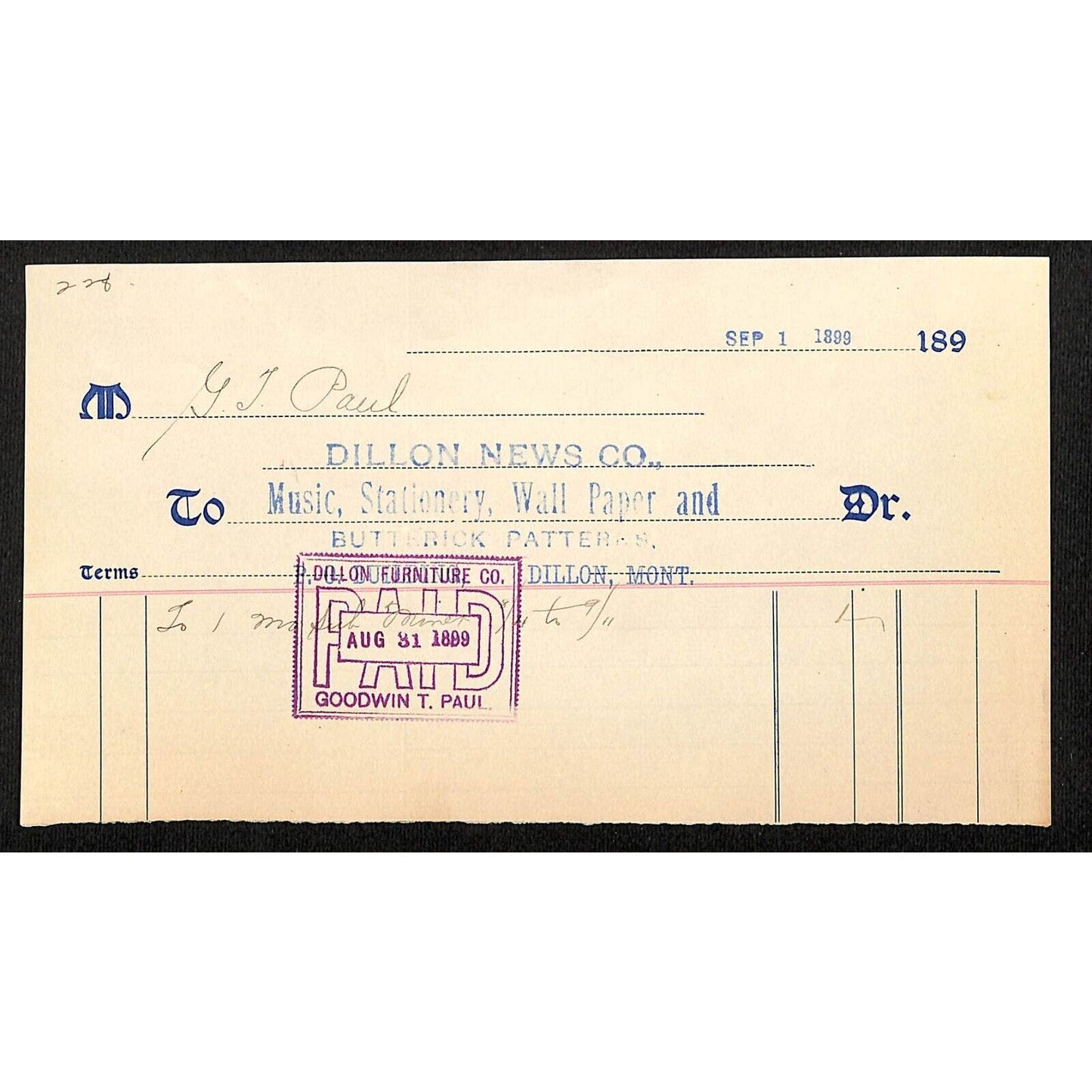 Dillon, MT Dillon News Co. Music Stationary Wall Paper 1899 Billhead G.T. Paul*