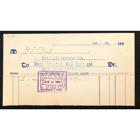 Dillon, MT Dillon News Co. Music Stationary Wall Paper 1899 Billhead G.T. Paul*