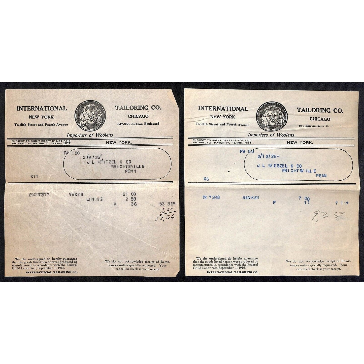 International tailoring Co. 12th St. & Fourth Ave NYC 1925 2 Billheads + Cover