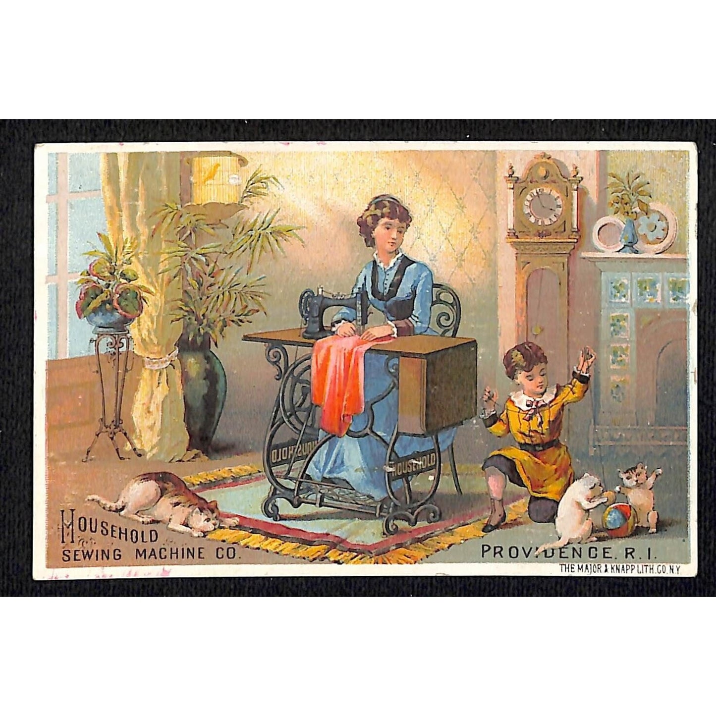 Household Sewing Machine Victorian Trade Card - Mom Watches Kid Play with Cats