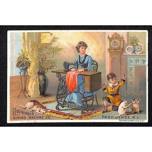 Household Sewing Machine Victorian Trade Card - Mom Watches Kid Play with Cats