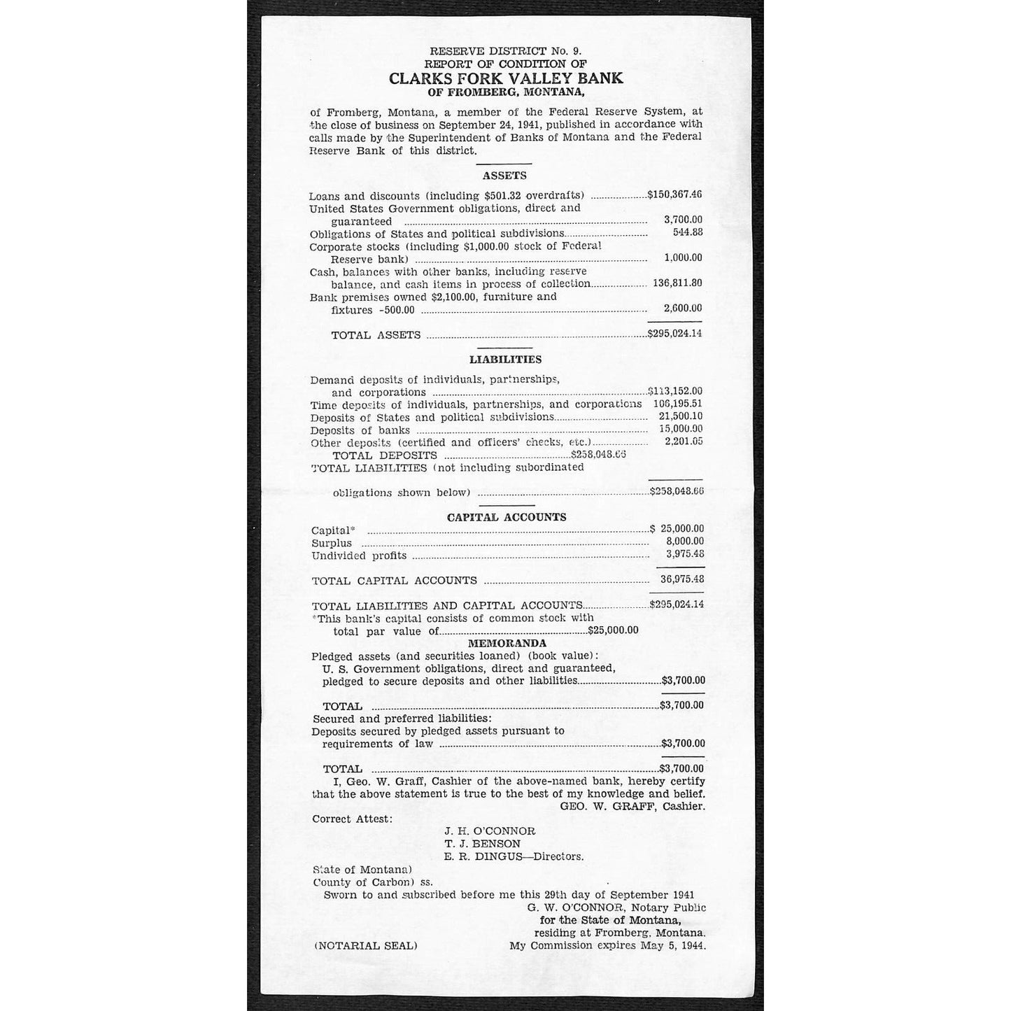 1941 Clarks Fork National Bank Fromberg, MT "Report of Condition" Sheet VGC