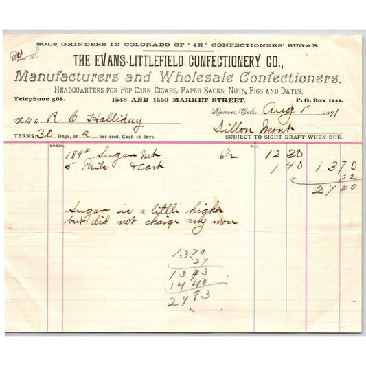 Denver, CO Evans-Littlefield Confectionery Co. 1891 Billhead R.C. Halliday*
