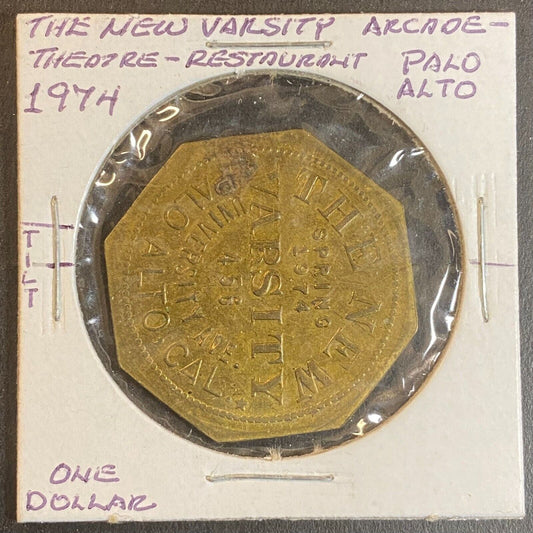New Varsity Arcade Theatre Restaurant Palo Alto Token Octagon Brass 30mm c1974