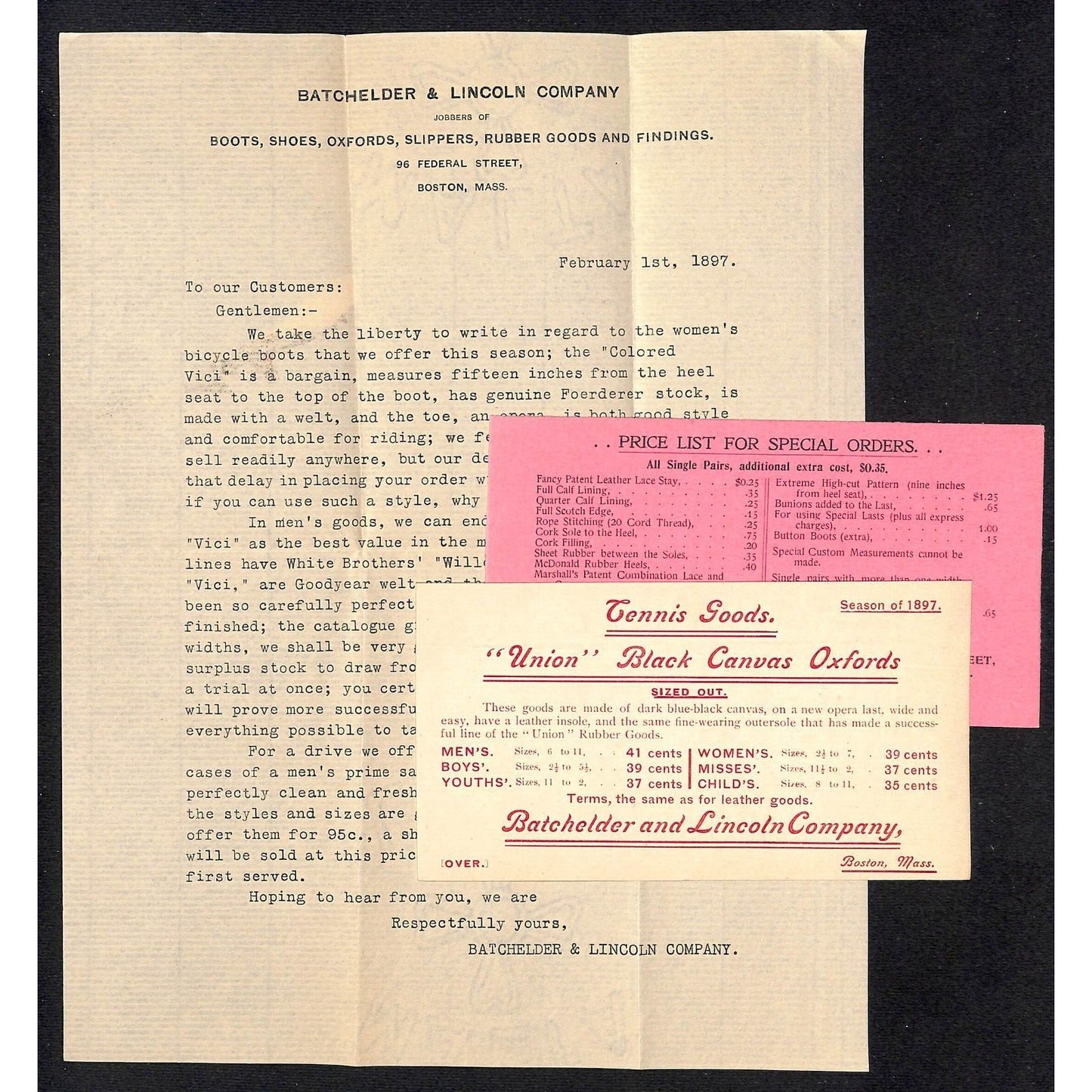 Batchelder & Lincoln Co. Boston 1897 Letterhead, Cards & Cover Bicycle Boots VGC