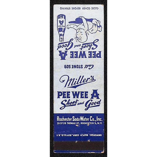 "Pee Wee A" Rochester Soda Water Co NY Miller's Matchbook Cover - Scarce