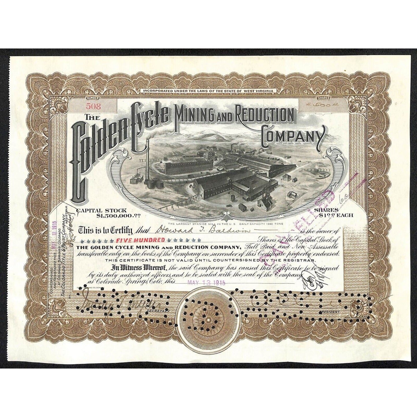 Golden Cycle Mining 1915 Stock Certificate w/ A.E. Carlton Sig. #508