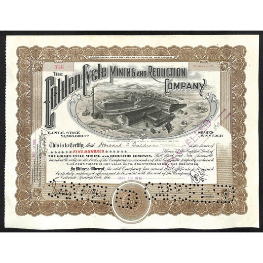 Golden Cycle Mining 1915 Stock Certificate w/ A.E. Carlton Sig. #508