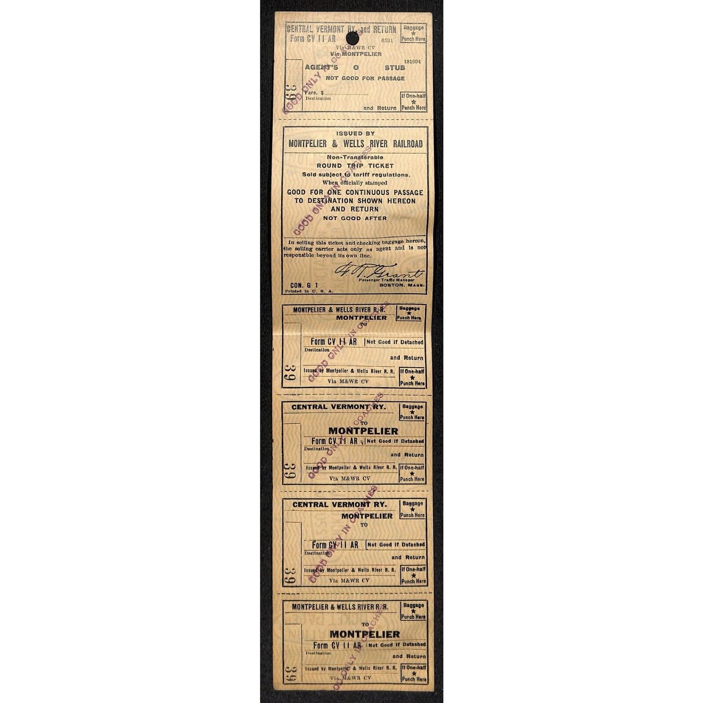 Montpelier and Wells River Railroad Unused Round Trip Ticket Scarce c1941 #39
