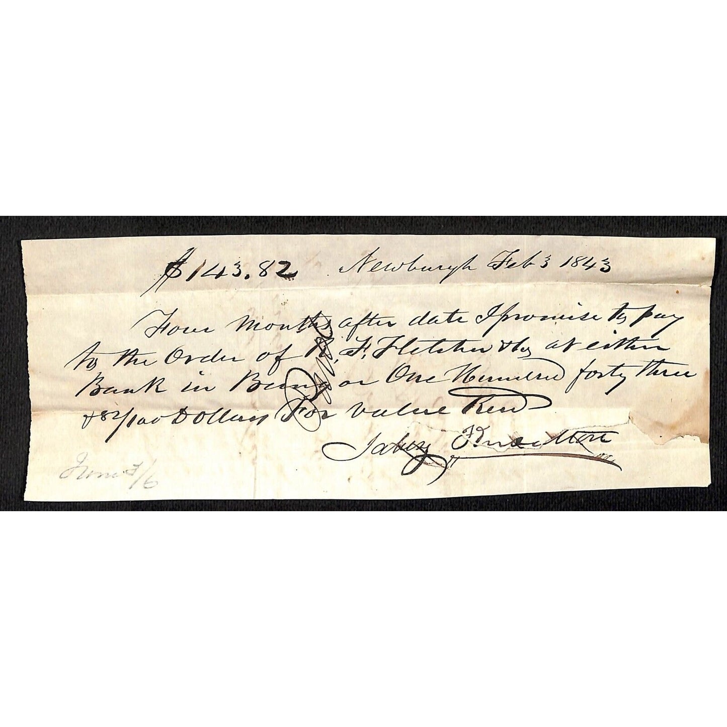 1843 Jabez Knowlton* Newburgh ME General Store 4 Mo. Promissory Note for $143.82