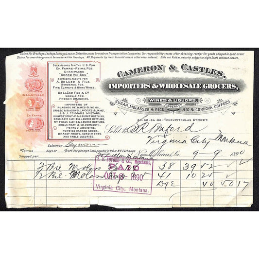 New Orleans Cameron & Castles Wholesale Grocers 1890 Billhead S.R. Buford*