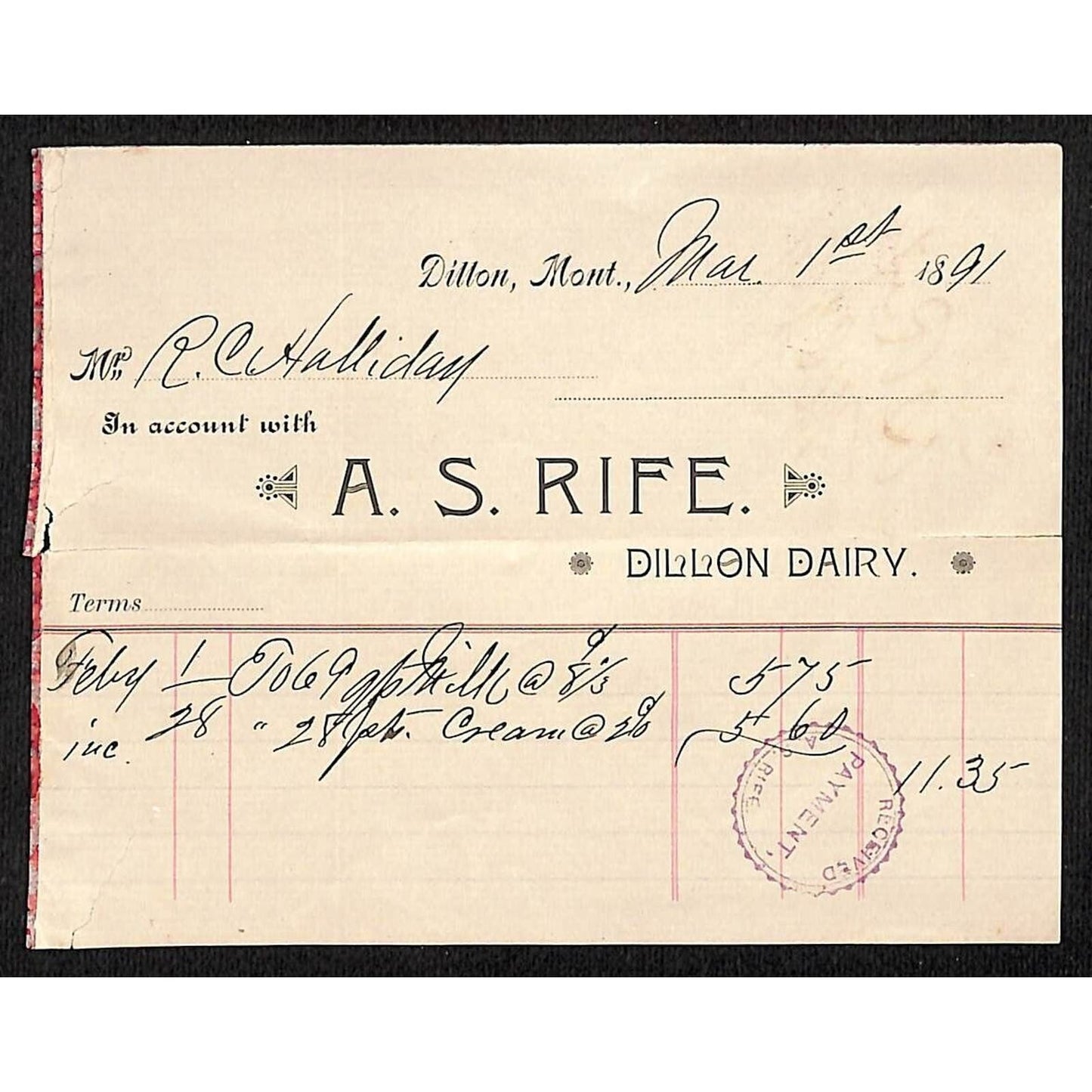 Dillon, MT A.S. Rife Dillon Dairy 1891 Billhead Milk Cream R.C. Halliday*