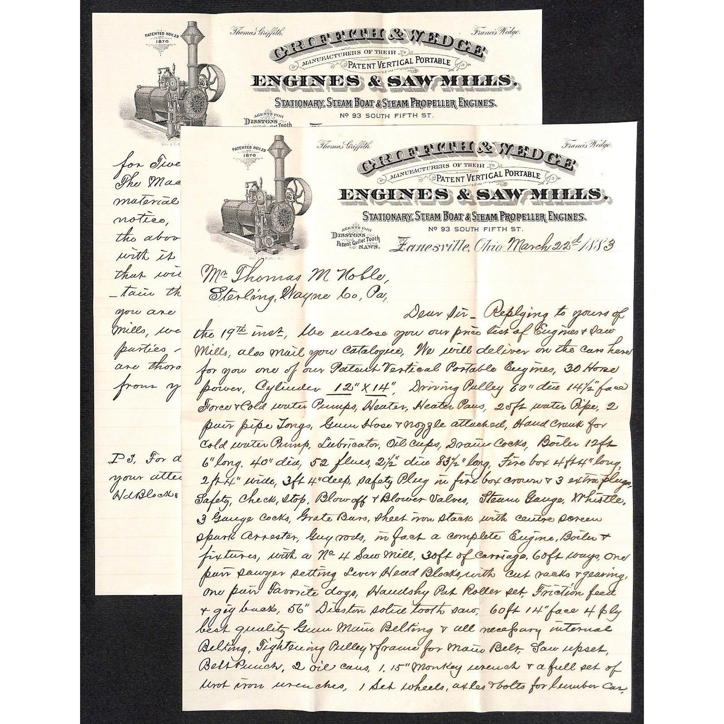 Griffith & Wedge Janesville, OH Engines & Saw Mills 2pp. 1883 ALS Letterhead to: