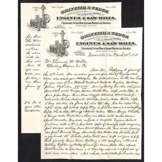 Griffith & Wedge Janesville, OH Engines & Saw Mills 2pp. 1883 ALS Letterhead to: