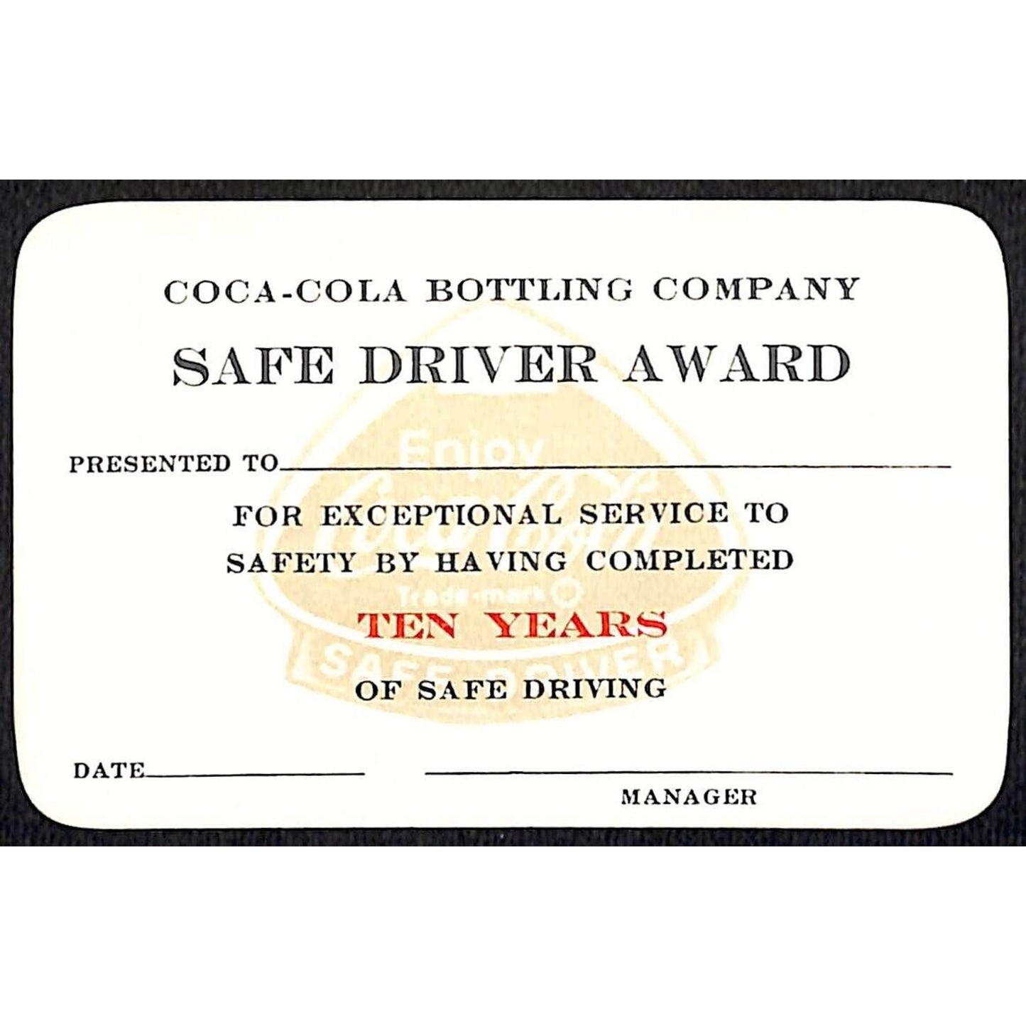 Coca-Cola Safe Driver Award Card 10 Years Unused c1960's VGC