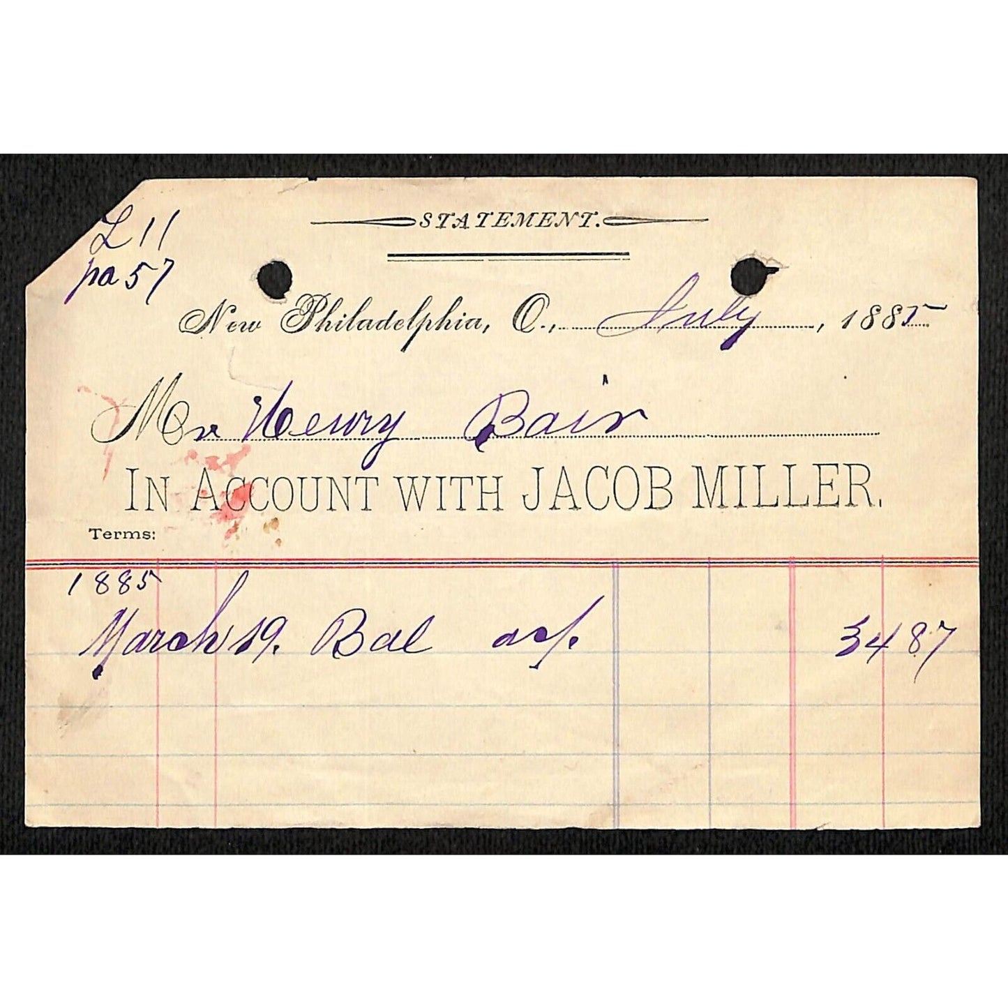 Jacob Miller New Philadelphia, OH 1885 Statement / Billhead Scarce