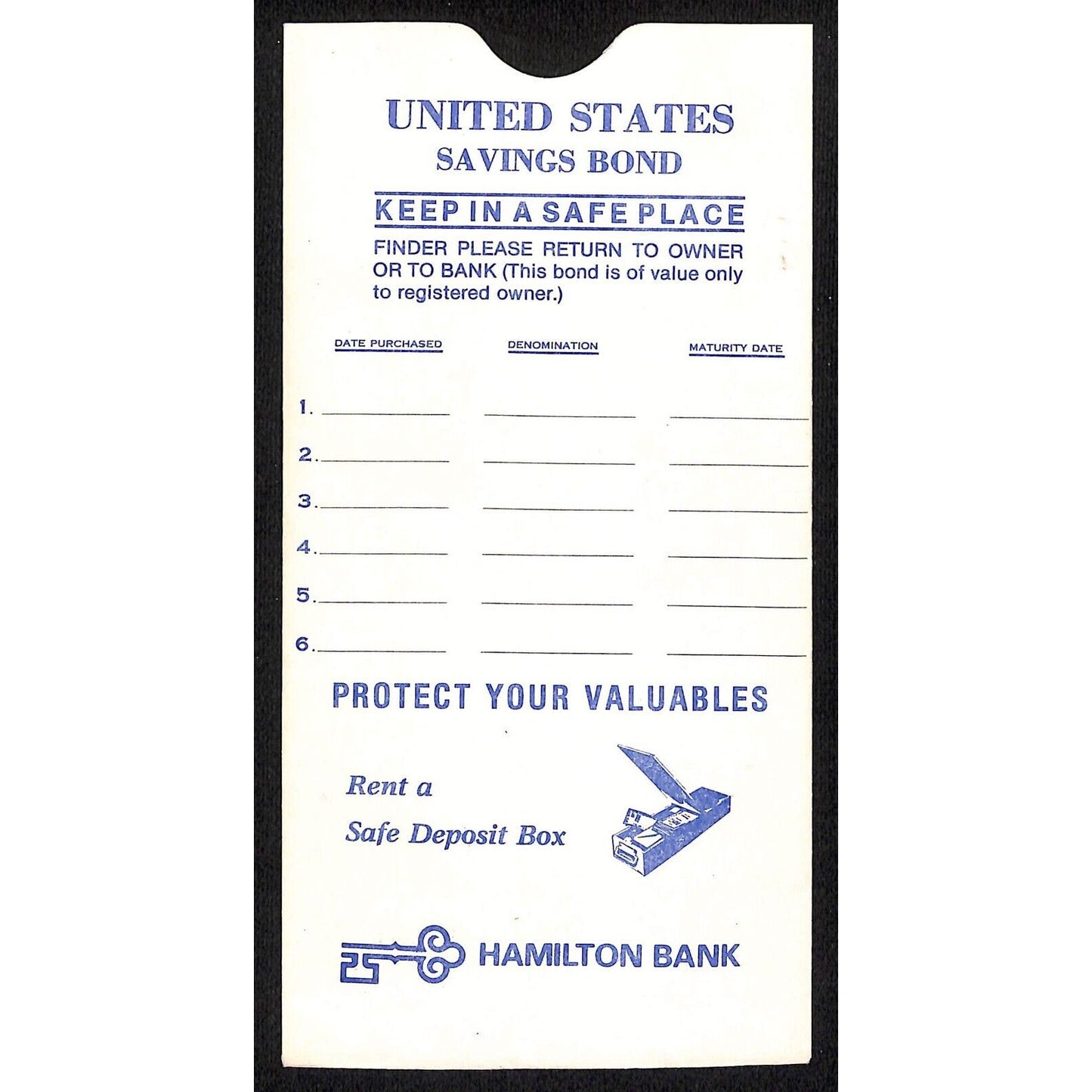 c1980 Hamilton Bank Savings Bond Top Load Holder / Sleeve VGC
