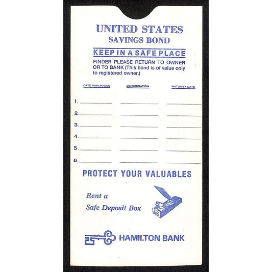 c1980 Hamilton Bank Savings Bond Top Load Holder / Sleeve VGC