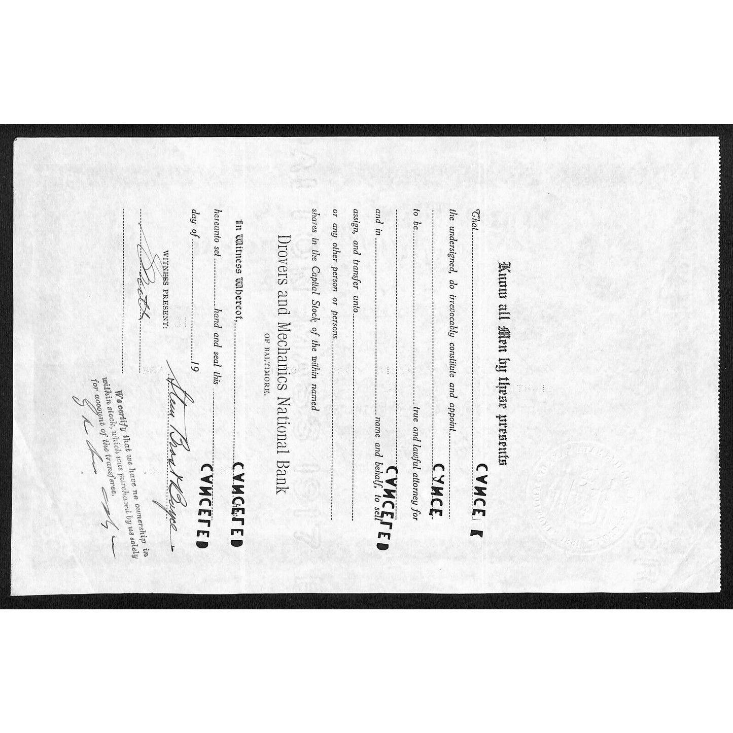 Drovers and Mechanics National Bank 1929 Stock Certificate Stein Bros. & Boyce