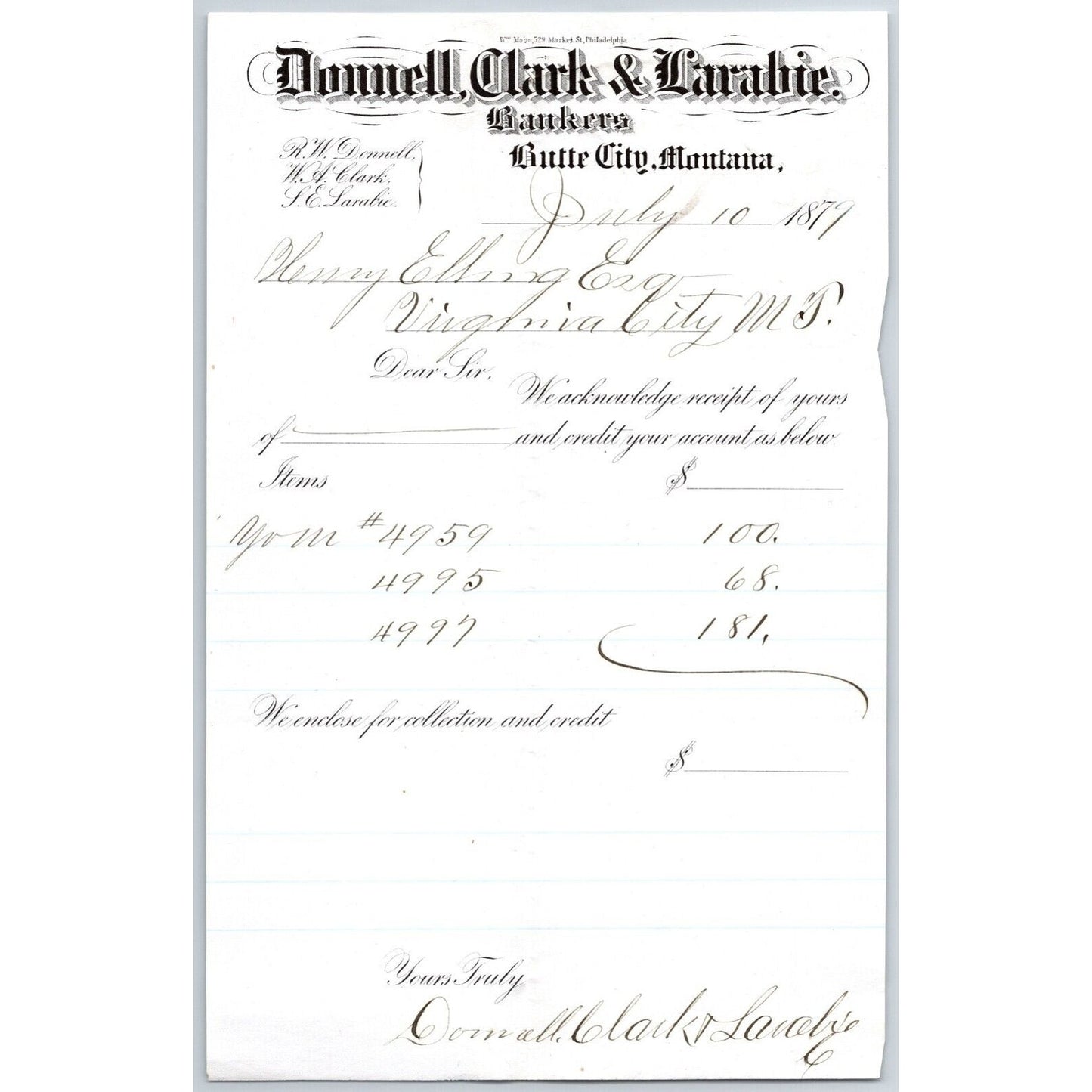 Donnell, Clark & Larabie Butte City, MT 1879 Credit Advice Henry Elling*