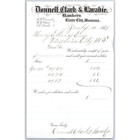 Donnell, Clark & Larabie Butte City, MT 1879 Credit Advice Henry Elling*