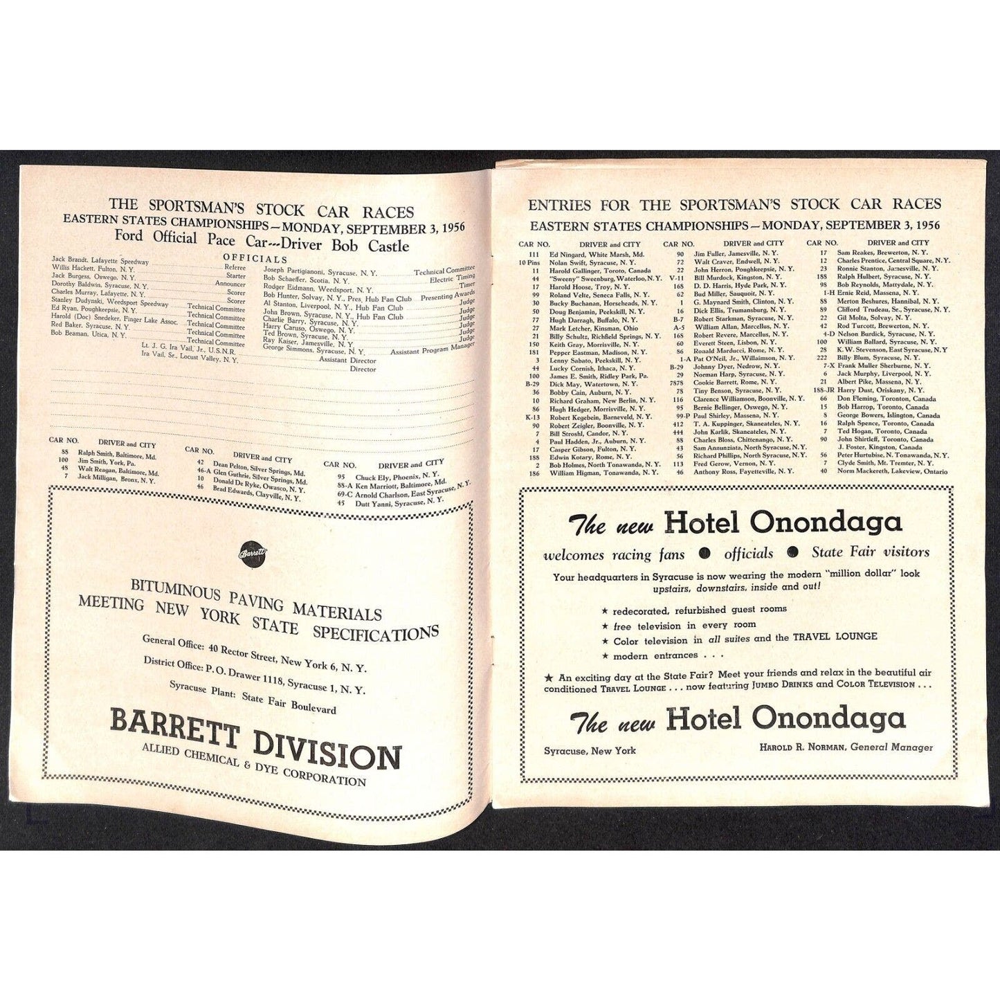 New York State Fair Auto Racing Program Stock Car Sept. 1956 24pp Scarce