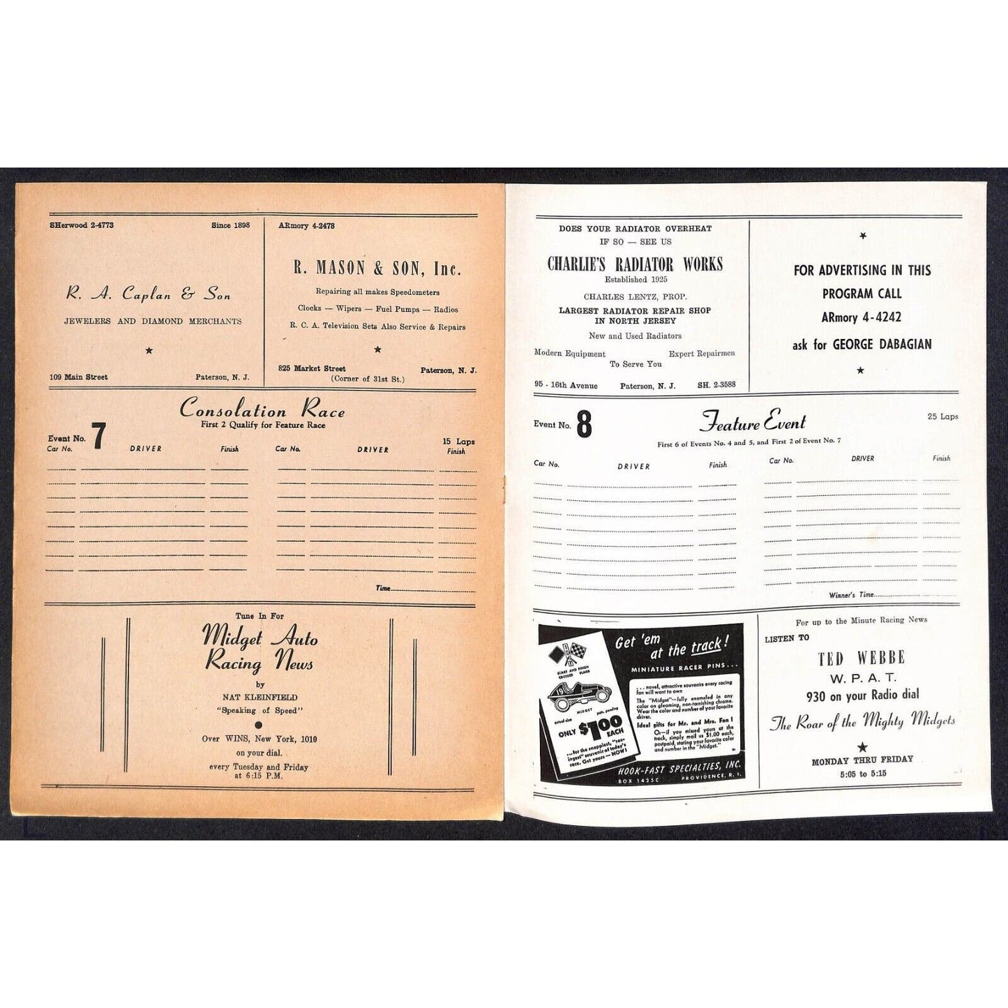Hinchliffe Stadium Midget Auto Races 7/22 1947 Program Bob Disbrow 4pp VGC